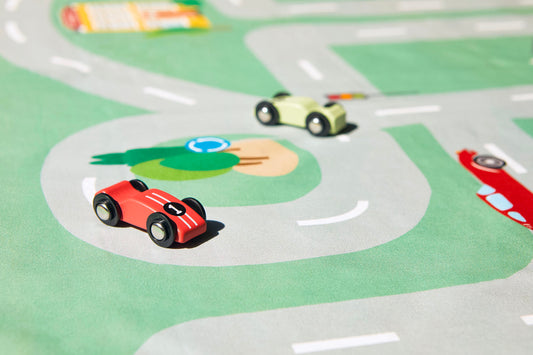 Car Lover Playmat Set,Material: 100% cotton and FSC timber cars. Playmat size 1m x 1.4m includes carry strap and 2 wooden cars. Double sided printed (Race track & town theme) Portable, lightweight, durable and washable. Perfect portable solution for busy caregivers. Supports your child's imagination. Environmentally friendly packaging.