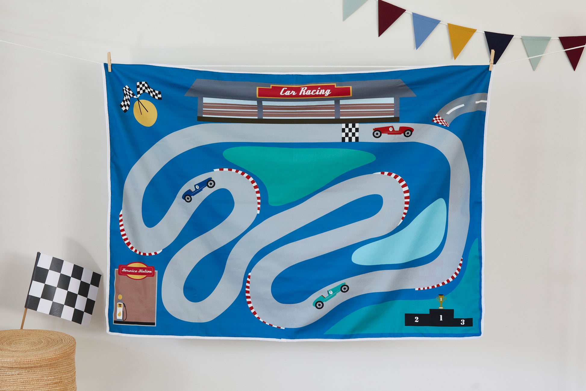 Children playmat set, 100% cotton and FSC timber cars, size 1m x 1.4m includes carry strap and 2 cars. Double sided printed (Race track & town theme) Portable, lightweight, durable and washable. Perfect portable solution for busy caregivers. Supports your child's imagination. Environmentally friendly packaging.